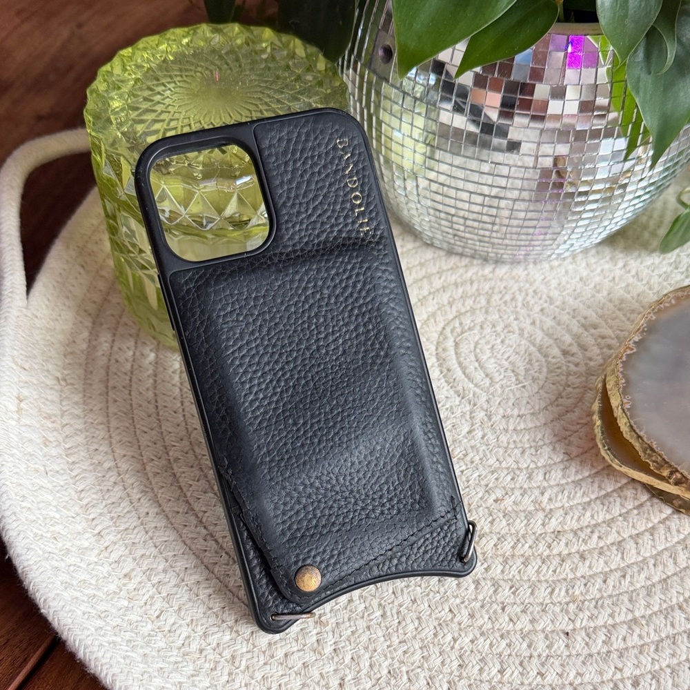 Bandolier Black Pebbled Leather iPhone 12 Pro Case Gold Card Slot Wallet